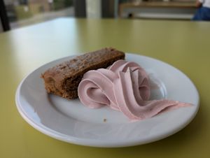 apricot and nectarine cake + strawberry soft serve ice cream at Community Cafe in North London