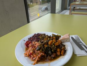 stew (mushrooms, peas, kale, root vegetables) with black rice and salad on the side at Community Cafe in North London