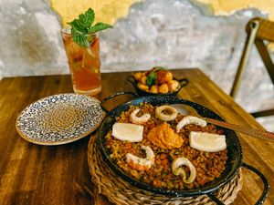 Paella and crispy gnocchi with sangria at Bubita Bar in Barcelona