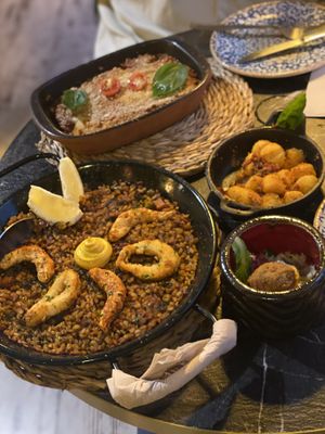 Vegan seafood Paella and Lasagna  at Bubita Bar in Barcelona