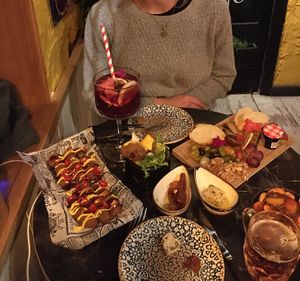 Assortiment of vegan tapas + sangria and beer   at Bubita Bar in Barcelona