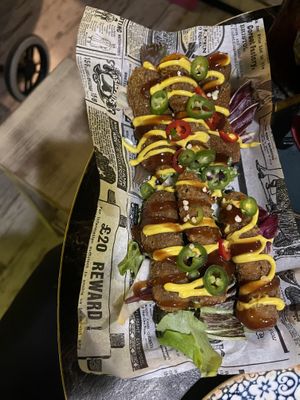 Spicy things “chicken” ish type tapas. Food here was only so-so for my taste, but all the perks for being an all vegan spot on the beach!  at Bubita Bar in Barcelona