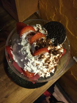 Copa of strawberries and vegan chantilly at Bubita Bar in Barcelona