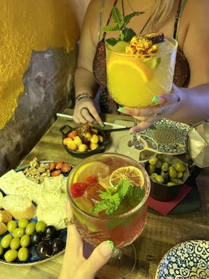 (left to right) instahummus, crunchy gnocchi, venus drink, mona lisa, olives   at Bubita Bar in Barcelona