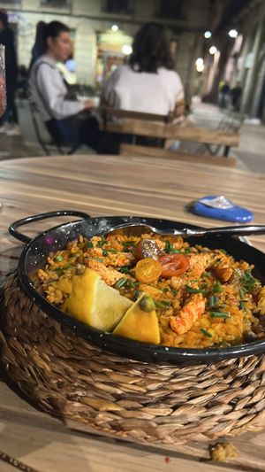 Paella with vegan shrimp   at Bubita Bar in Barcelona