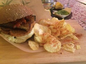 burger with hummus  at Bubita Bar in Barcelona