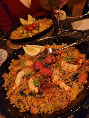 Paella with fake prawns. Fine but not worth the price. at Bubita Bar in Barcelona