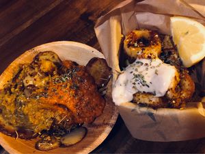 Patatas ‘Bravas’ + calamares a la romana at Bubita Bar in Barcelona