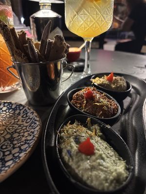 hummus, dried tomato and edama dipp with breadsticks at Bubita Bar in Barcelona