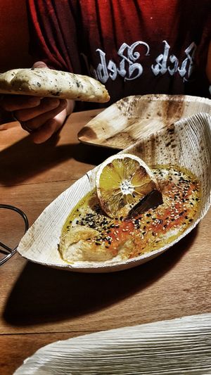 Hummus with a touch of orange - best in town at Bubita Bar in Barcelona