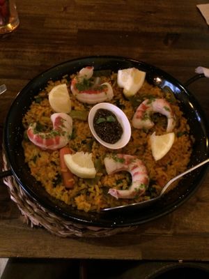 Paella with fake shrimp at Bubita Bar in Barcelona