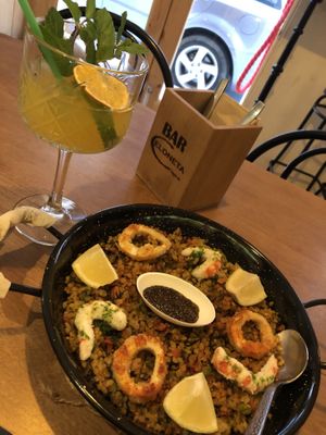Mona Lisa sangria and paella mixta  at Bubita Bar in Barcelona