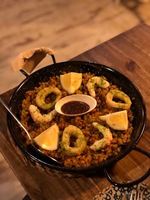 paella with vegan calamari + shrimp at Bubita Bar in Barcelona