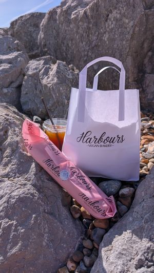 Our haul on the local beach at Harbours Vegan Bakery in Lancing