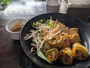 Noodles, salad, spring rolls and amazing sauce at Duyên Vegan & Coffee in Da Nang