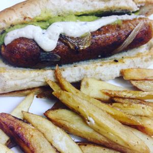 vegan hot dog, home made mayonnaise at Avocado Vegetariano - Santa Gertrudis Copo in Merida