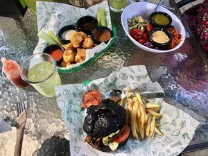 Couliflour wings, guacamole burger, and salad  at Avocado Vegetariano - Santa Gertrudis Copo in Merida