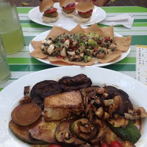 Tofu roast, mushroom ceviche and veggie sliders. at Avocado Vegetariano - Santa Gertrudis Copo in Merida