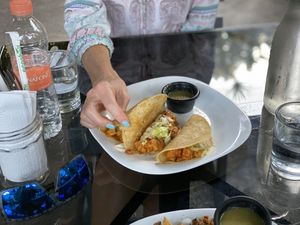 Tacos con papas y chorizo (vegano)  at Avocado Vegetariano - Santa Gertrudis Copo in Merida
