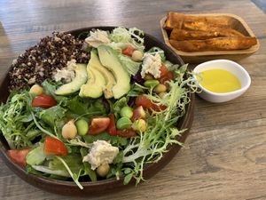 Green power salad and sweet potato fries. (Fries are free when you use the vegan card— ask restaurant for details)   at Miss Green - Dunhua in Taipei