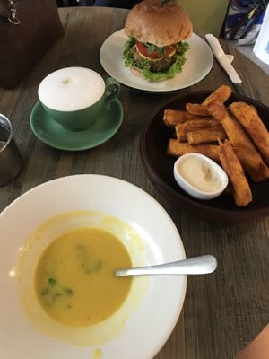 Avocado burger, pumpkin soup, sweet potato fries. Coffee with almond milk at Miss Green - Dunhua in Taipei