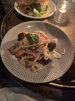 Gnocchi and (impossible, though it doesn’t say so) meatballs with shaved fennel, tomato and a tasty cream sauce. Fresh basil too .  at Charlie Was a Sinner in Philadelphia