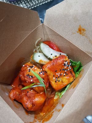 Korean style crispy tofu with jabchae at Charlie Was a Sinner in Philadelphia