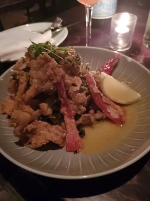 Oyster mushroom Fried "Calamari", kale, Fresno Chile aioli at Charlie Was a Sinner in Philadelphia