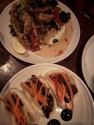 Oyster ‘shroom calamari (SO GOOD) and Bao Buns (also SO GOOD)!  at Charlie Was a Sinner in Philadelphia