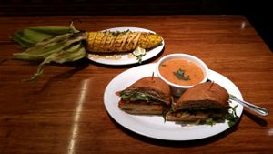 Buffalo Chicken sandwich and Roasted corn  at Veggie Grill in Mountain View