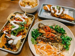 Nachos, Asian bowl at Veggie Grill in Mountain View