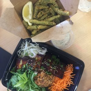 tempura green beans and seol bowl w tofu delicious! at Veggie Grill in Mountain View