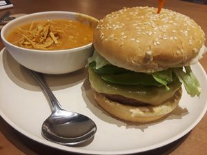 Beyond Meat burger with tortilla soup, yesssss indeed! at Veggie Grill in Mountain View