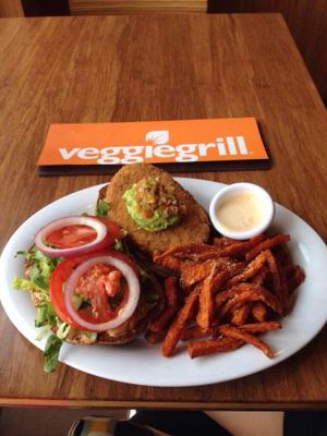 This is their Santa Fe Chickin Burger and the sweet potato fries.
It was amazingly delicious! Their chipotle ranch sauce is to die for. at Veggie Grill in Mountain View