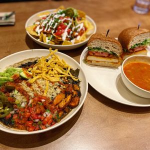 Bowls and sandwiches and nachos at Veggie Grill in Mountain View