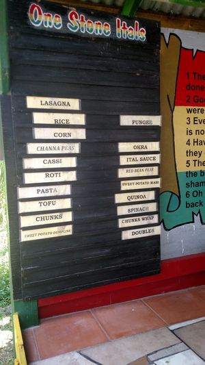 The buffet board. This changes daily at One Stone Ital Shack in St Johns