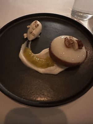 Vanilla coconut mousse  with passion fruit and almond sorbet   at The Spa at Lake House in Daylesford