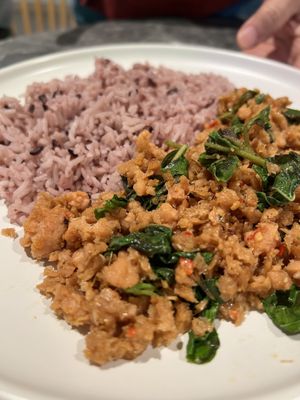 Classic Thai holy basil stir-fry with plant-based minced pork – spicy, aromatic, and full of old-school flavor.  at So Vegan - Phoenix Pratunam in Bangkok