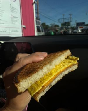 Sourdough, just egg, vegan ham, vegan cheese. Breakfast Sammy  at Temptations Bikini Espresso in Portland