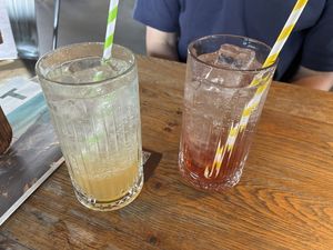 Lemon/basil lemonade (a bit too sweet) and rhubarb lemonade (very good)  at Foodhall MOUT in Hilversum