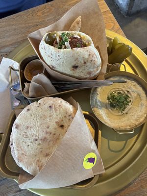 From Pitabar Benny: pita falafel (very good!) and baba ghanoush (better and milder than the supermarket version). The pitas have a great texture and flavour. at Foodhall MOUT in Hilversum
