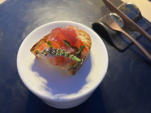 1. canapé - tomato with pickled onion  at Terracrua Restaurant in Sardegna