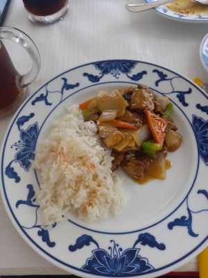 Pato vegetariano com bamboo e arroz branco simples at Dynasty in Lagos