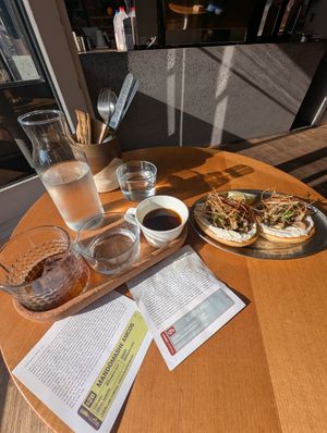 Mushroom bagel nduja cashew cream cheese /batch brew coffee flight at Opus Coffee Brewers in Wollongong