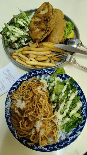 Fish and chips and chilli carb pasta at Vegetarian Kitchen by Daily Green® - 吉祥素小厨 in North Singapore