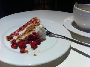 Coconut raspberry cake :) at Hymy Raw Food Cafe in Helsinki