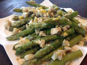 One of the daily freshly made salads, here asparagus with capers and an organic, hard-cooked egg. at El Naturista in Frankfurt