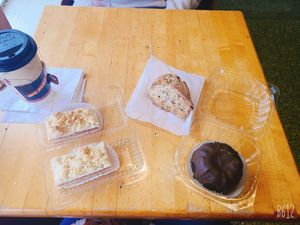 Vegan crumb bar, lemon blueberry poppy scone, and Vegan chocolate bundt cake at Ithaca Bakery - Meadow St in Ithaca