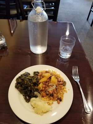 Puerto Rican rice and pintos with yucca. at Upohar Vegetarian Restaurant in Lancaster