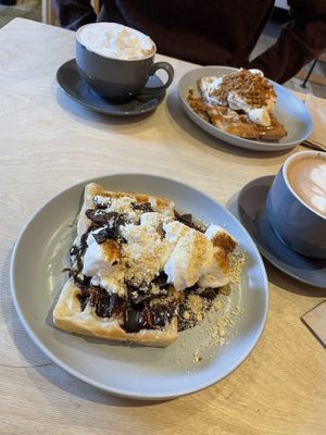 Biscoff waffles, s’mores waffles, and hot chocolates   at Considerit in Edinburgh